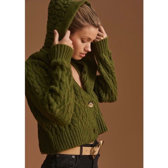 NWT New $148 Anthropologie Hooded Green Cable Knit Cardigan Tank Sweater Set M - Picture 3 of 16